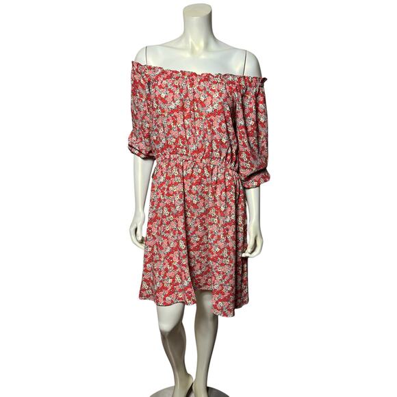 LOFT Outlet Petite Red Floral Off Shoulder Elastic Waist Dress Size 8 - Picture 1 of 9